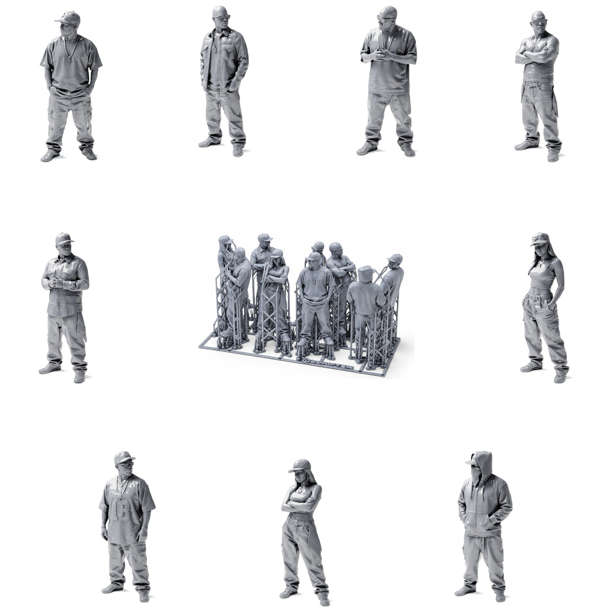 Hip-hop, urbain et streetwear - 9 figurines en résine non peintes en présentation ouverte