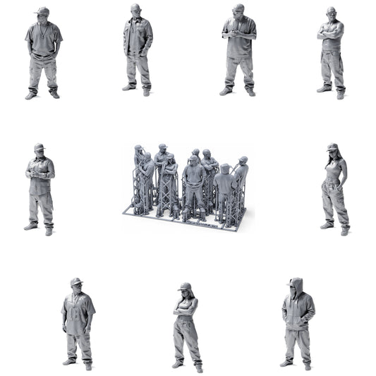 Hip-hop, urbain et streetwear - 9 figurines en résine non peintes en présentation ouverte