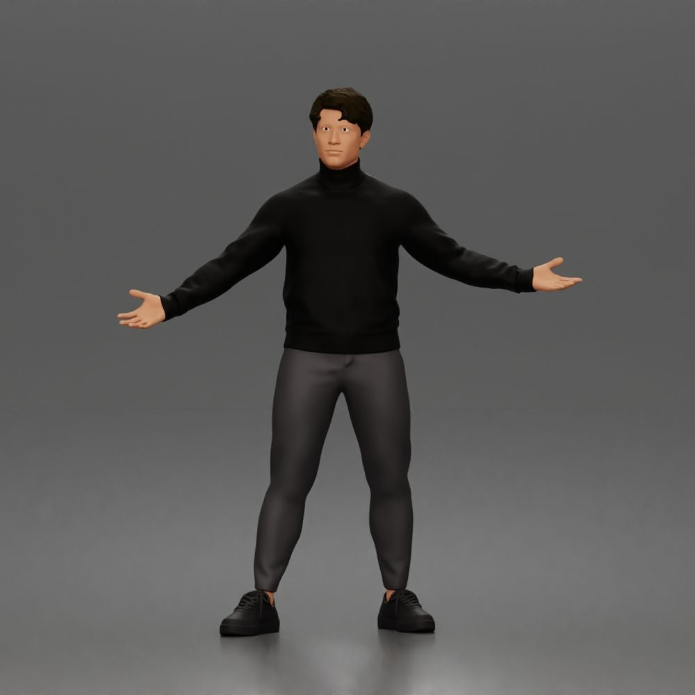 Diorama Modellbau Produktfoto 0: Stehende Figur: Präsentierender Mann mit Rollkragenpullover und offenen Armen (a190)