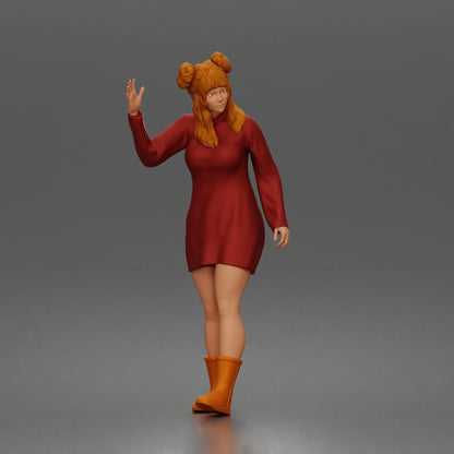 Photo produit de modélisme pour diorama 0 : figurine debout : femme faisant signe pour appeler un taxi, avec robe à manches longues et bottes (a204)