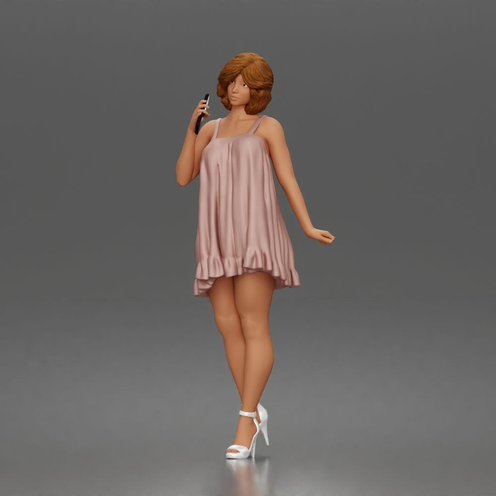 Diorama Modellbau Produktfoto 0: Stehende Figur: Frau im kurzen Kleid mit Mobiltelefon & Absatzschuhen (a180)