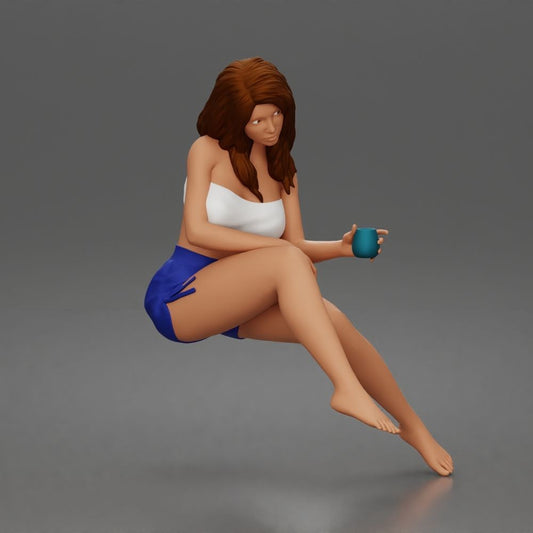 Photo produit de modélisme de diorama 0 : figurine agenouillée : femme avec haut sans bretelles et short (a186)