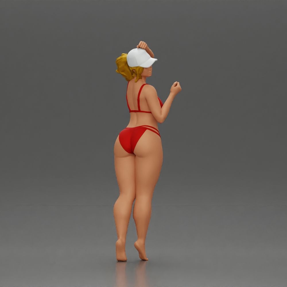 Diorama Modellbau Produktfoto 0: Stehende Figur: Frau im Bikini mit Kappe und erhobenem Arm (a160)