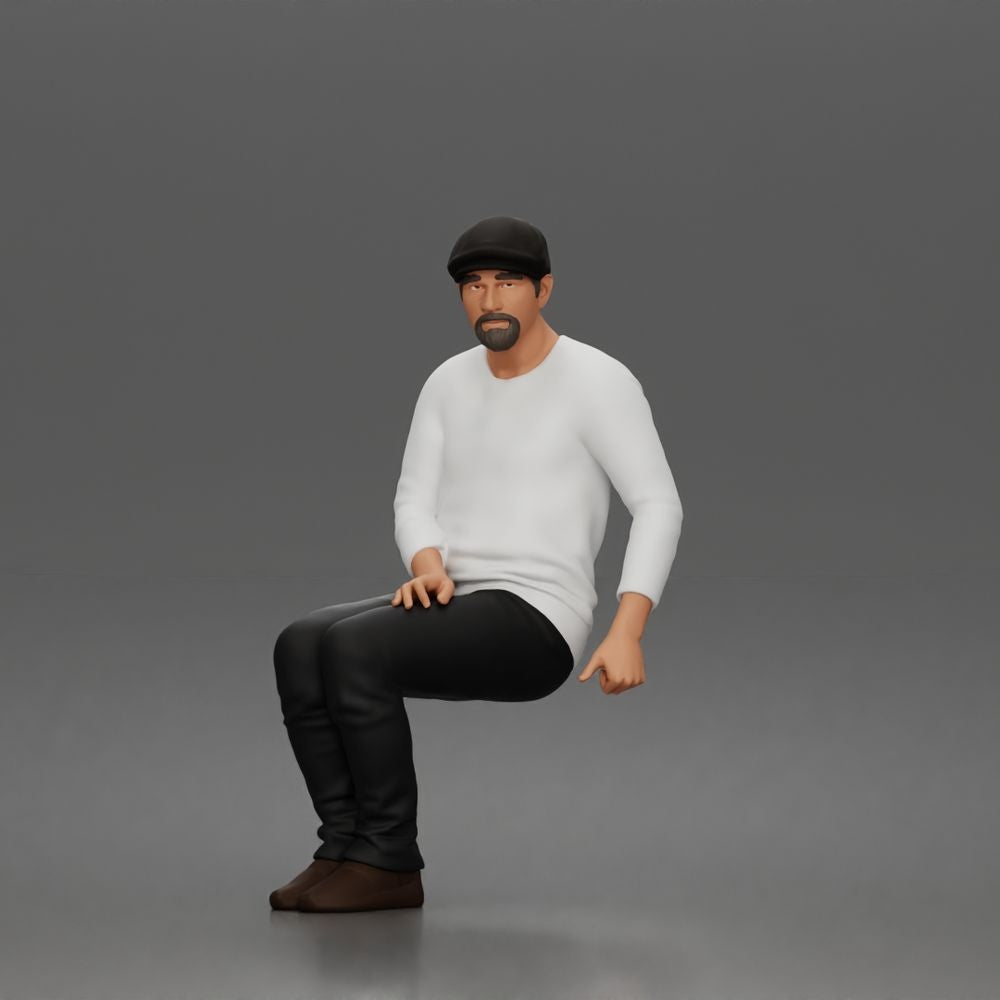 Diorama Modellbau Produktfoto 0: Sitzende Figur: Älterer Mann mit Mütze und Freizeitkleidung (a203)