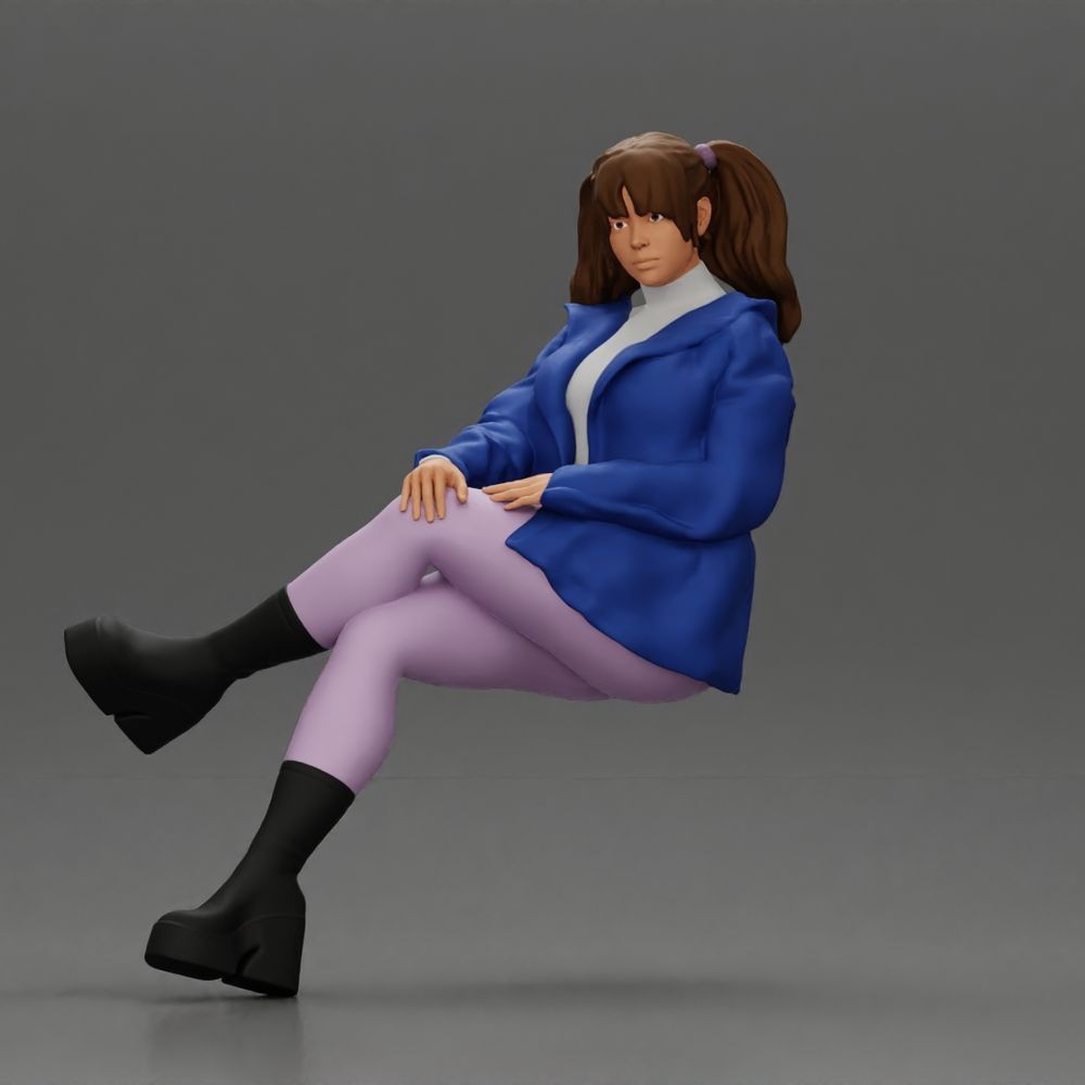 Diorama Modellbau Produktfoto 0: Sitzende Figur: Frau mit überkreuzten Beinen, Pferdeschwanz & Jacke (a161)