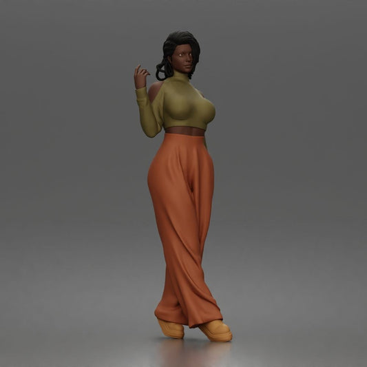 Photo produit de modélisme pour diorama 0 : figurine debout : femme avec haut à col roulé court et pantalon ample (a167)