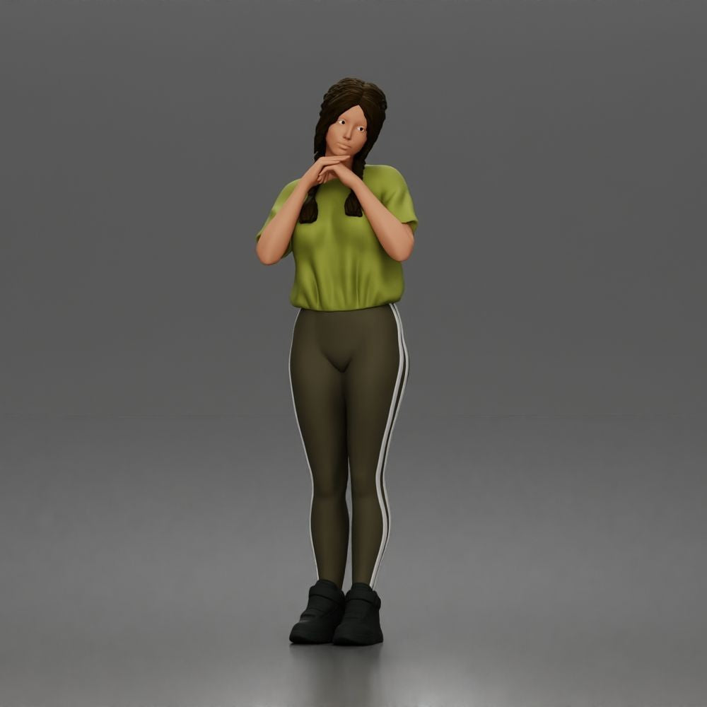Diorama Modellbau Produktfoto 0: Stehende Figur: Frau mit geflochtenem Haar, T-Shirt, Leggings & Sneakers (a194)