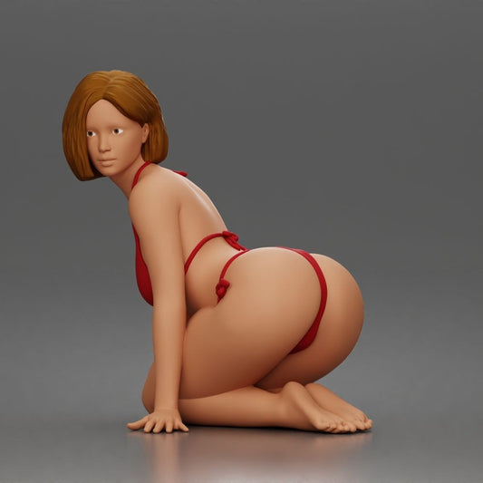 Photo produit de modélisme pour diorama 0 : figurine agenouillée : femme de plage en bikini noué (a182)