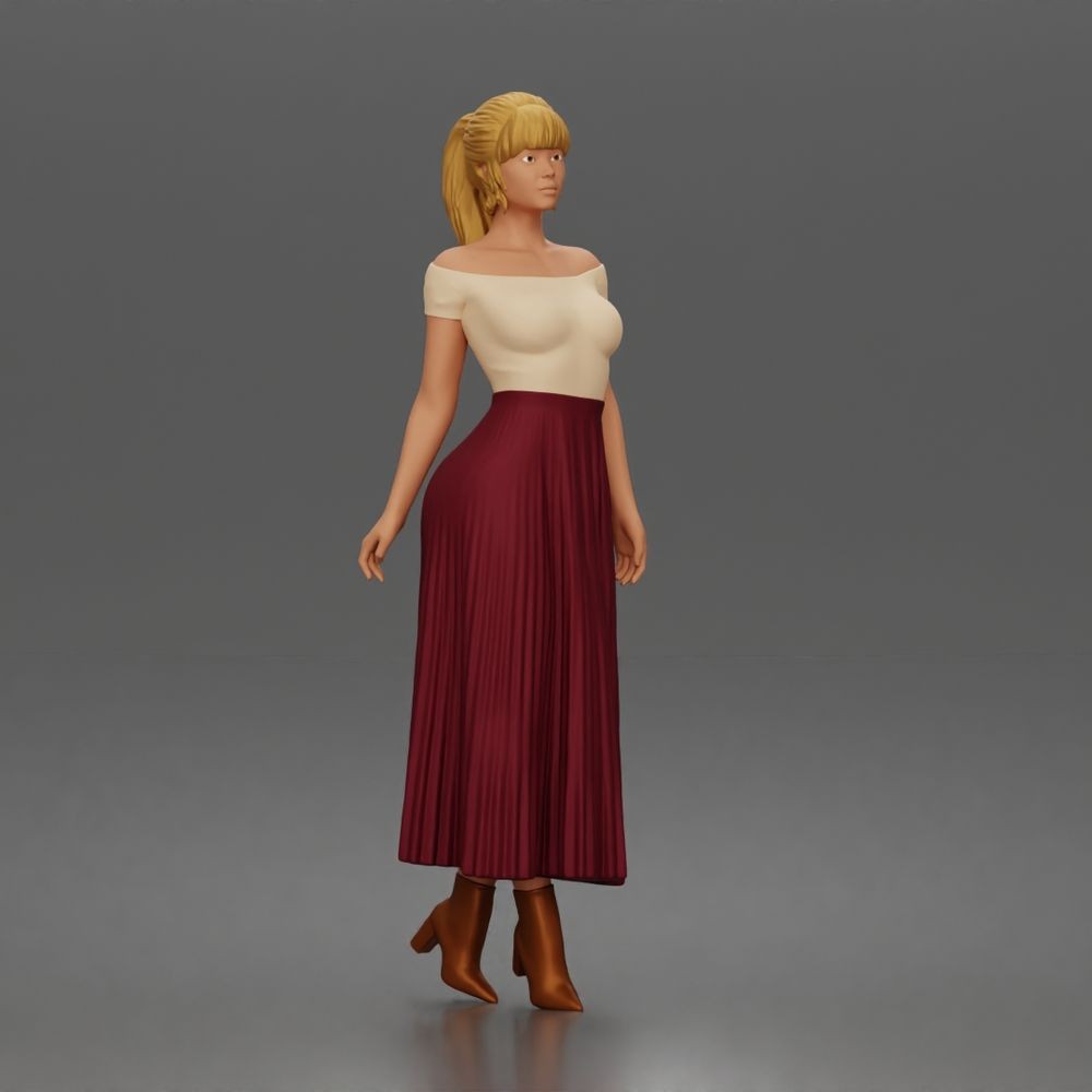 Photo produit de modélisme pour diorama 0 : figurine debout : femme avec haut à épaules dénudées et longue jupe plissée (a181)