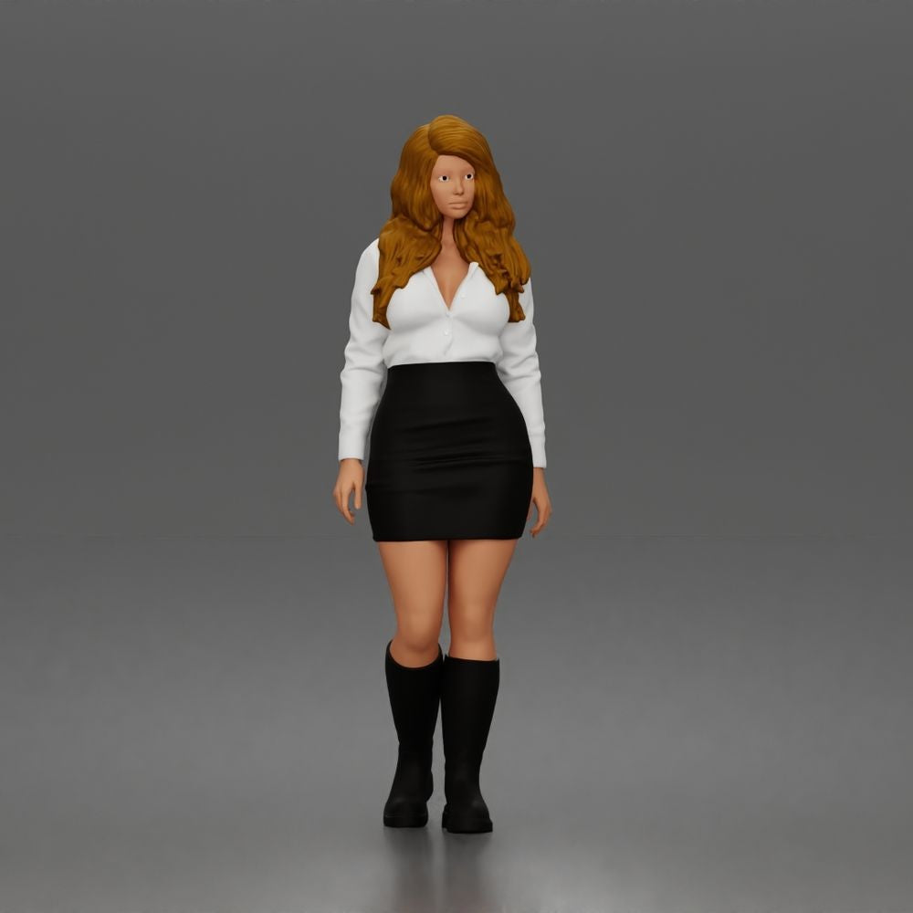 Diorama Modellbau Produktfoto 0: Stehende Figur: Frau mit Hemdbluse, Minirock & kniehohen Stiefeln (a197)