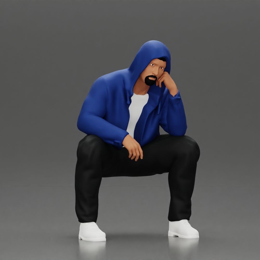 Photo produit de modélisme pour diorama 0 : Figurine agenouillée : homme accroupi avec sweat à capuche et main au visage (a163)
