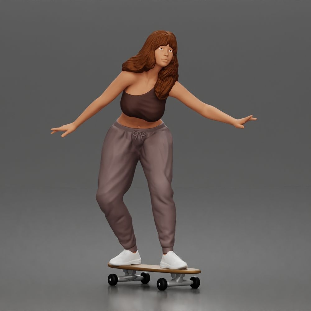 Diorama Modellbau Produktfoto 0: Diorama Figur: Skaterin balancierend auf Skateboard mit Crop-Top & Jogginghose (a170)