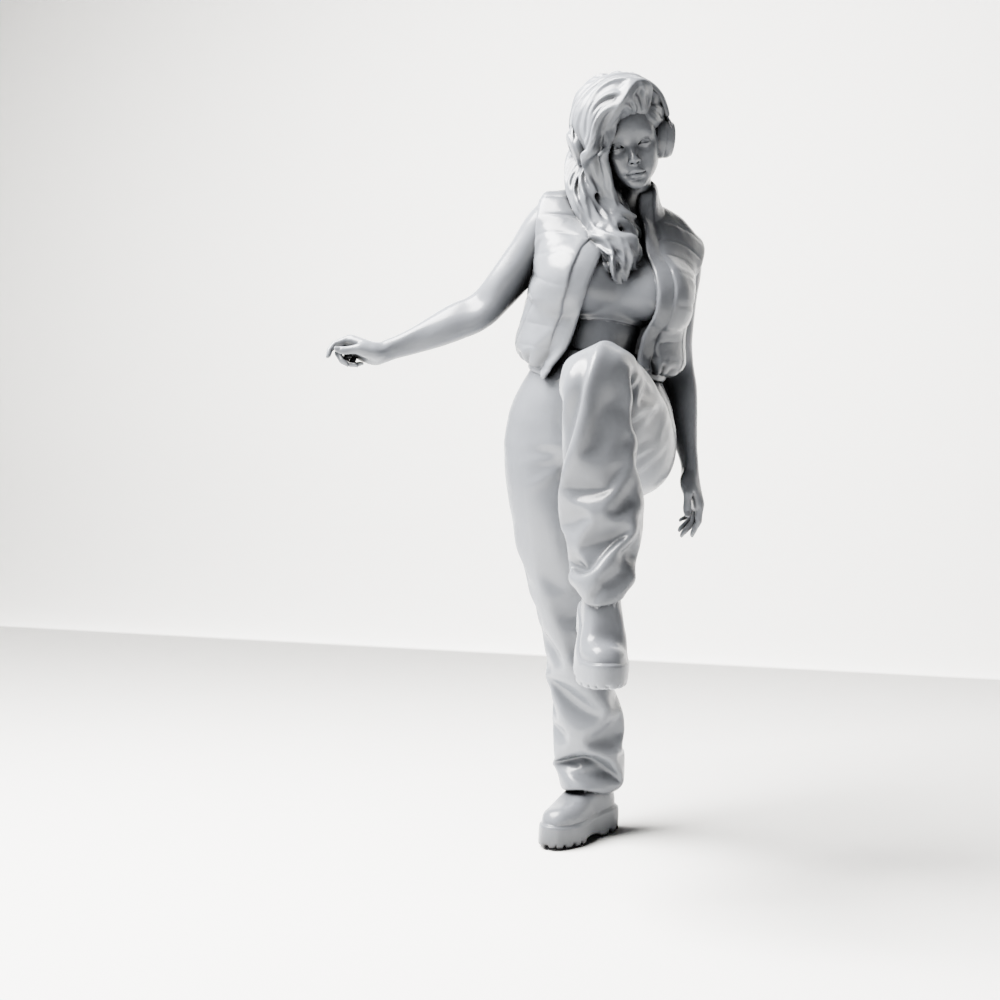 Diorama Modellbau Produktfoto 1: Stehende Figur: Frau mit Kopfhörern & weitem Streetwear-Outfit, Bein angehoben (a164)