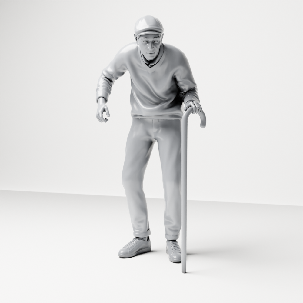 Photo produit de modélisme pour diorama 1 : figurine debout : homme âgé avec canne et pull (a168)