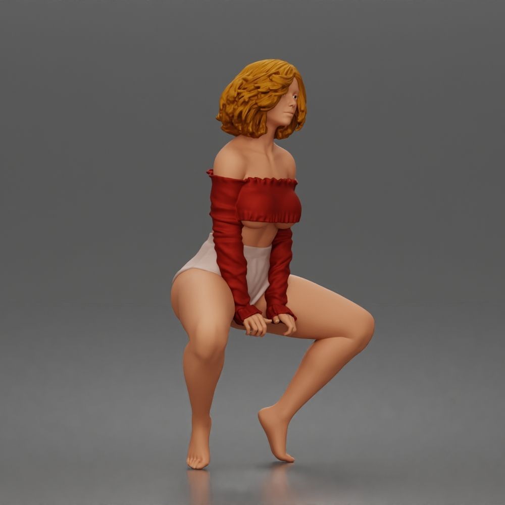Diorama Modellbau Produktfoto 1: Hockende Figur: Tänzerin mit schulterfreiem Crop-Top & Shorts (a185)