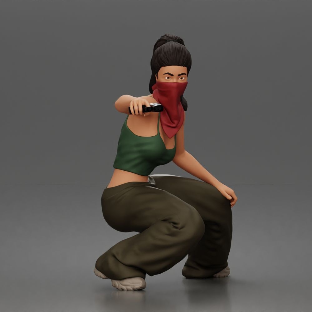 Diorama Modellbau Produktfoto 1: Diorama Figur: Kauernde maskierte Frau mit Pistole, Crop-Top & Baggyhose (a169)