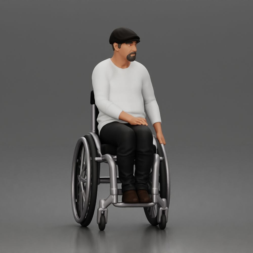 Diorama Modellbau Produktfoto 1: Sitzende Figur: Älterer Mann im Rollstuhl mit Freizeitkleidung (a202)