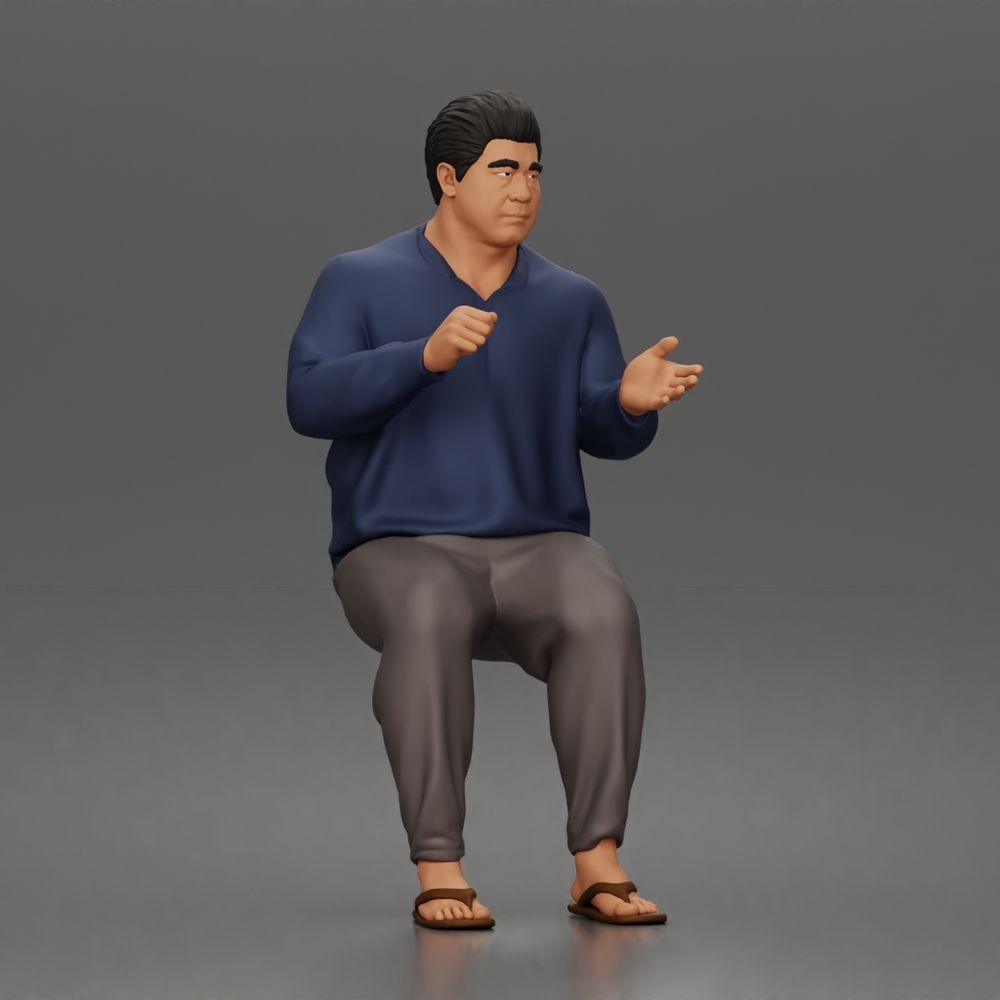Photo produit de modélisme pour diorama 2 : figurine assise : homme gesticulant avec pull, pantalon et tongs (a165)
