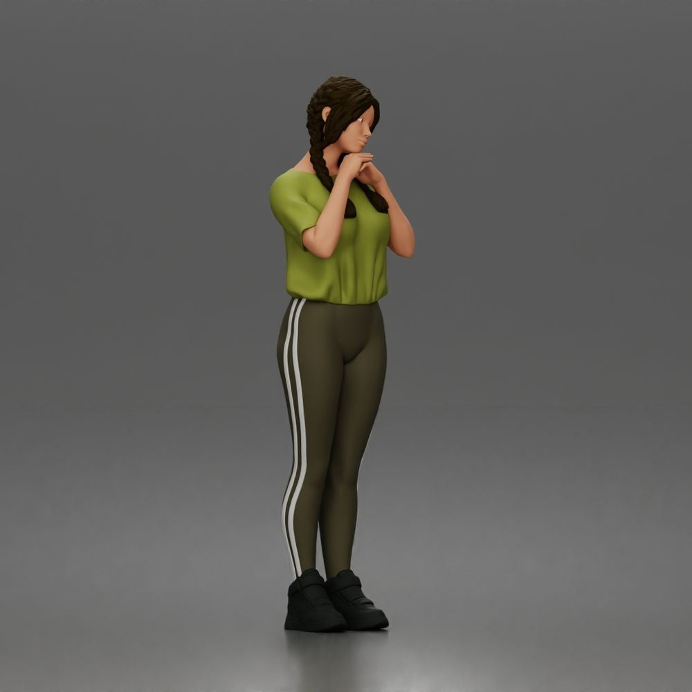 Diorama Modellbau Produktfoto 1: Stehende Figur: Frau mit geflochtenem Haar, T-Shirt, Leggings & Sneakers (a194)