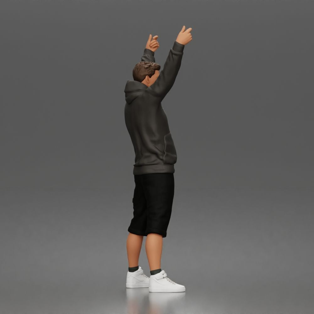 Photo produit de modélisme de diorama 1 : figurine debout : manifestant avec bannière, veste à capuche, short et chaussures de sport (a179)