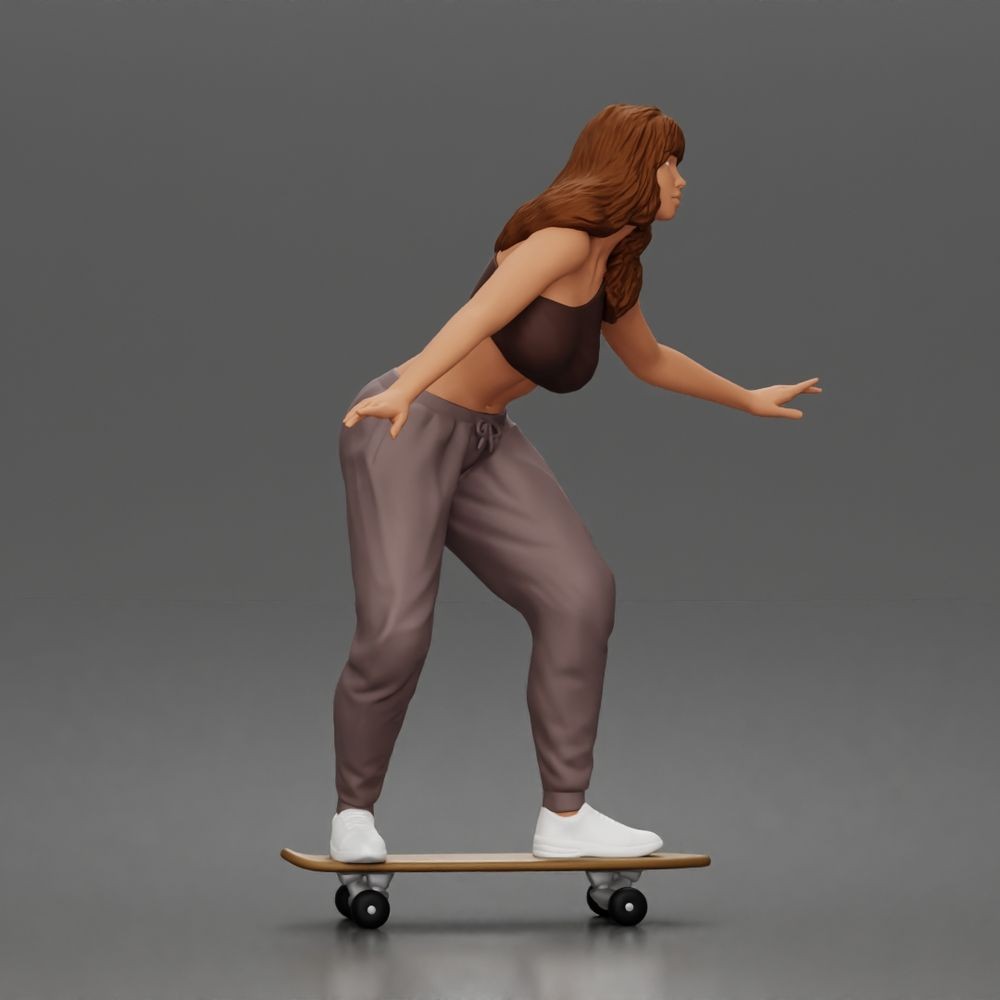 Diorama Modellbau Produktfoto 1: Diorama Figur: Skaterin balancierend auf Skateboard mit Crop-Top & Jogginghose (a170)