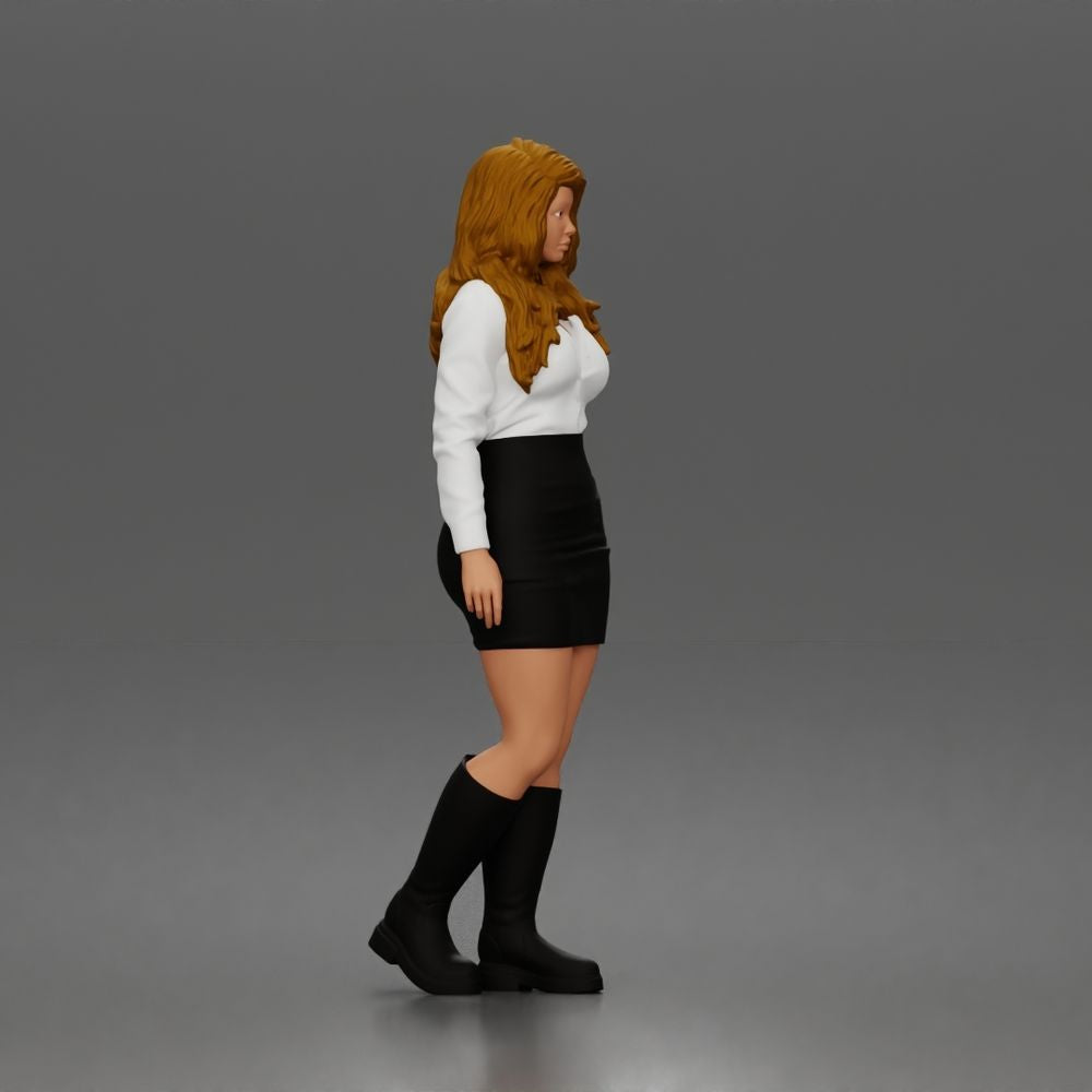 Diorama Modellbau Produktfoto 1: Stehende Figur: Frau mit Hemdbluse, Minirock & kniehohen Stiefeln (a197)