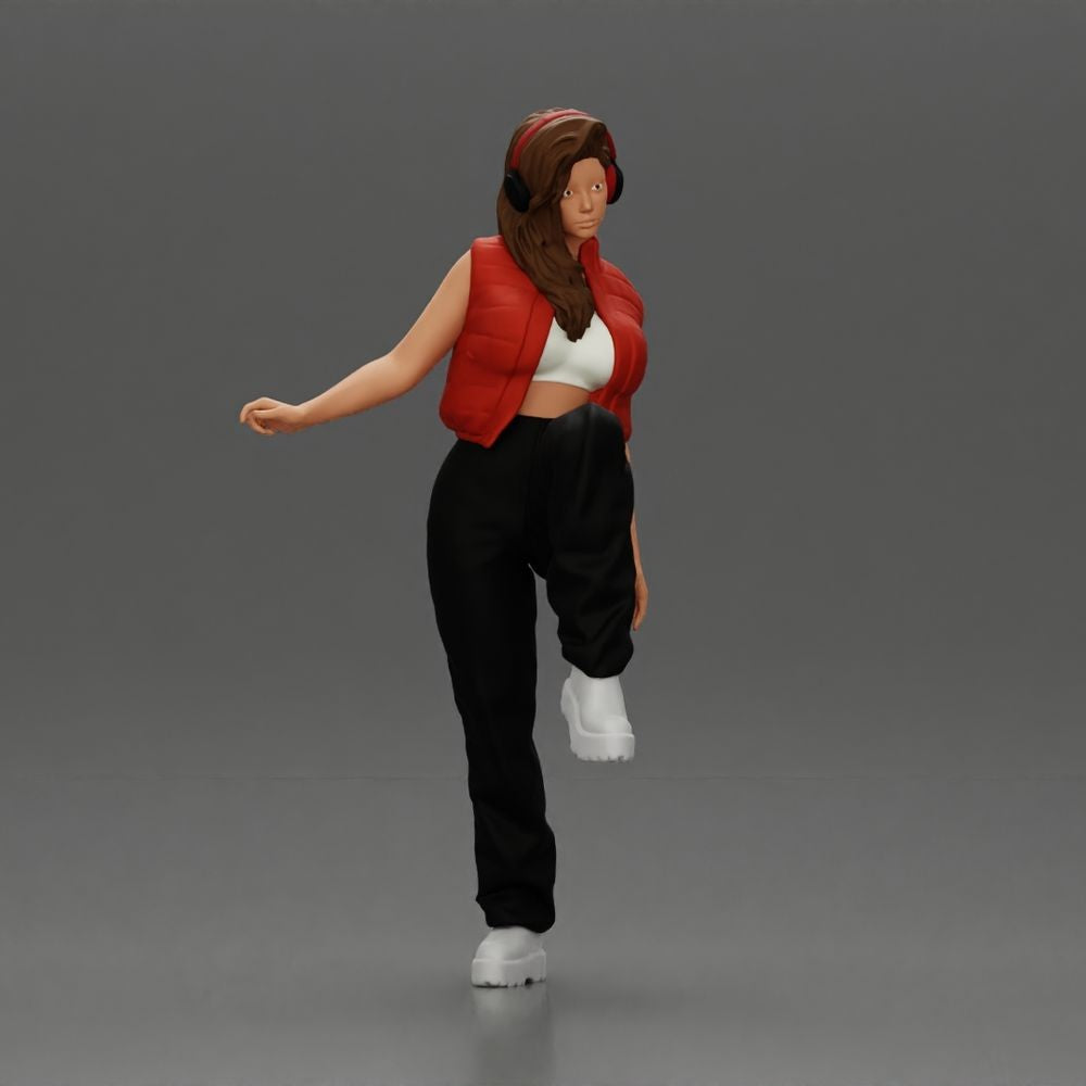 Diorama Modellbau Produktfoto 2: Stehende Figur: Frau mit Kopfhörern & weitem Streetwear-Outfit, Bein angehoben (a164)