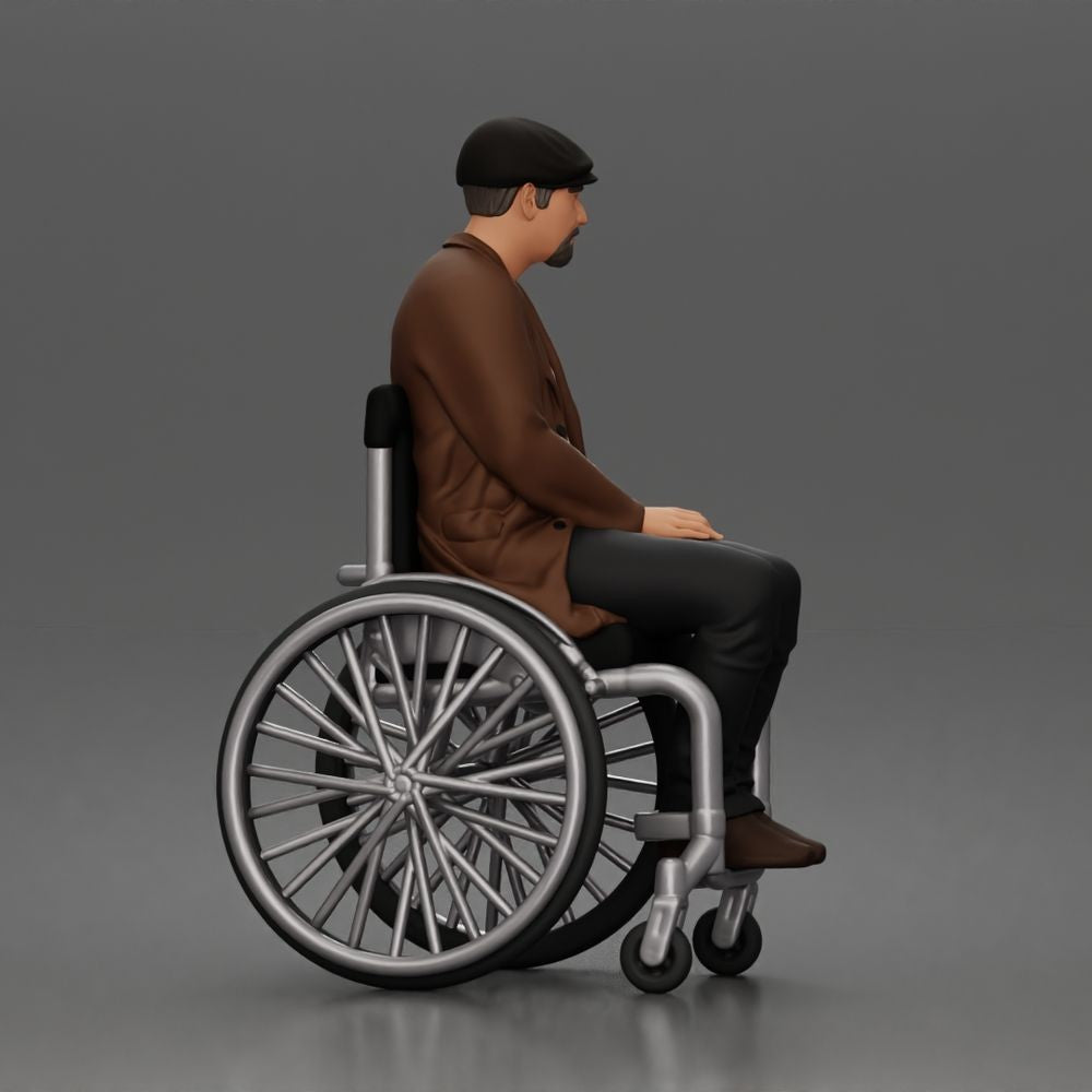 Diorama Modellbau Produktfoto 1: Sitzende Figur: Älterer Mann im Rollstuhl mit Mantel (a209)