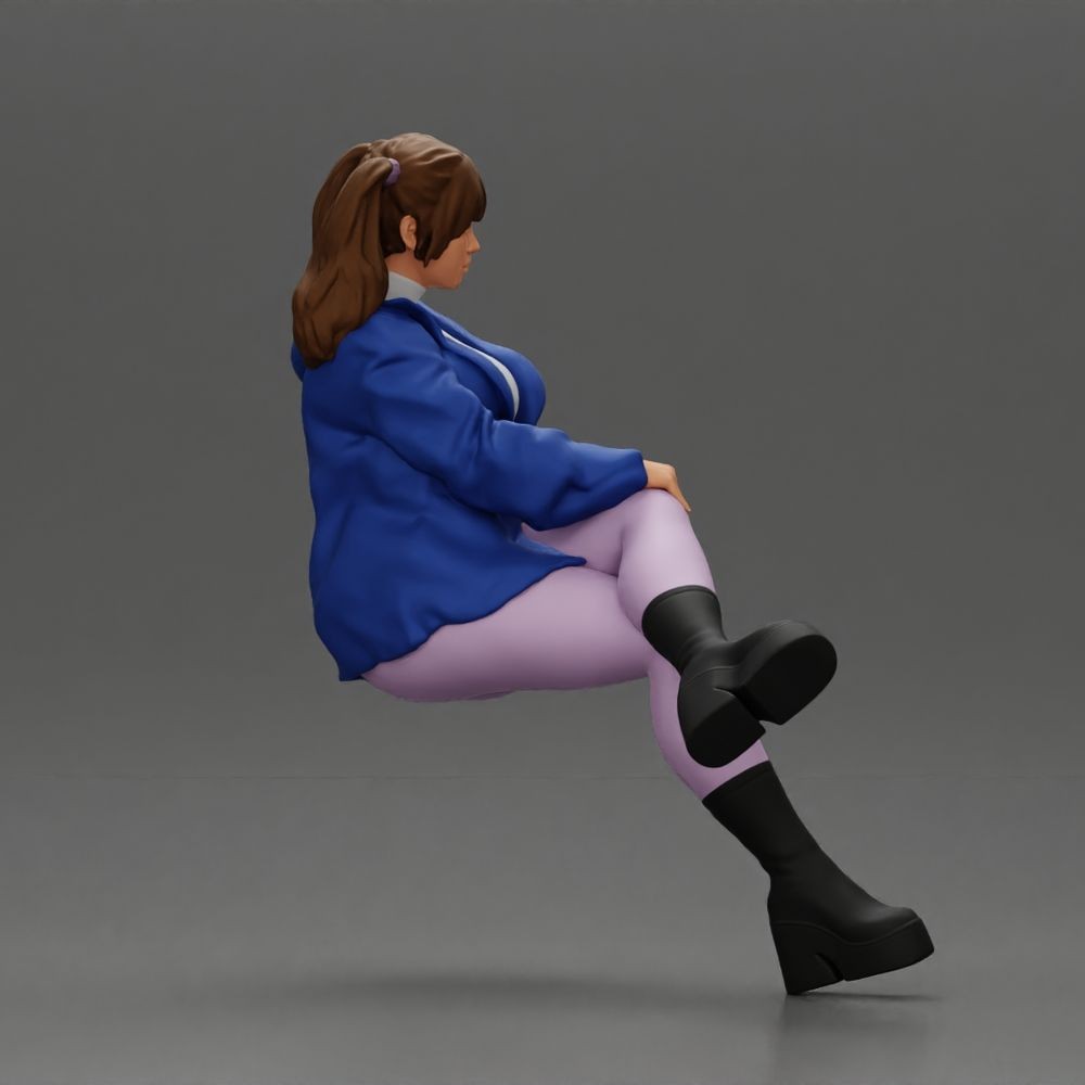 Diorama Modellbau Produktfoto 2: Sitzende Figur: Frau mit überkreuzten Beinen, Pferdeschwanz & Jacke (a161)