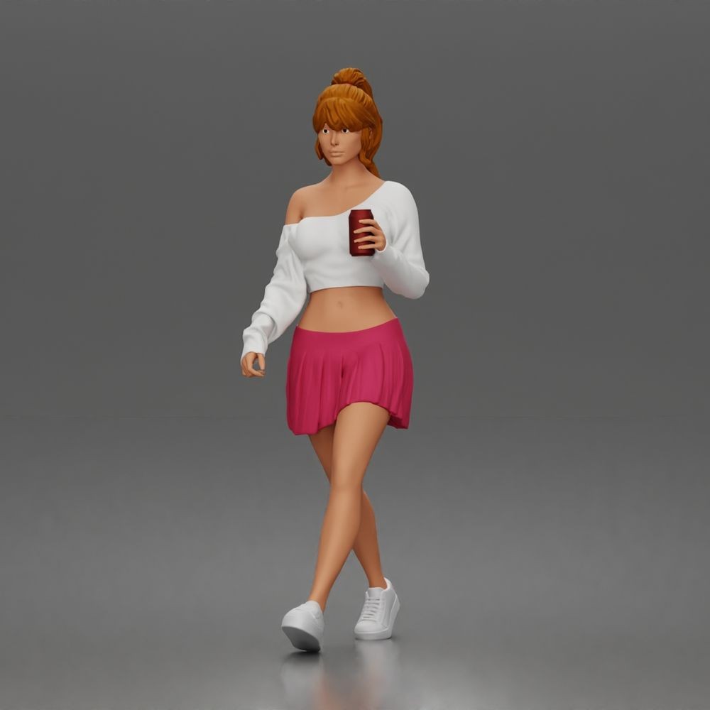 Diorama Modellbau Produktfoto 1: Gehende Figur: Sportlerin/Junge Frau mit Getränkebecher in Freizeitkleidung (a213)