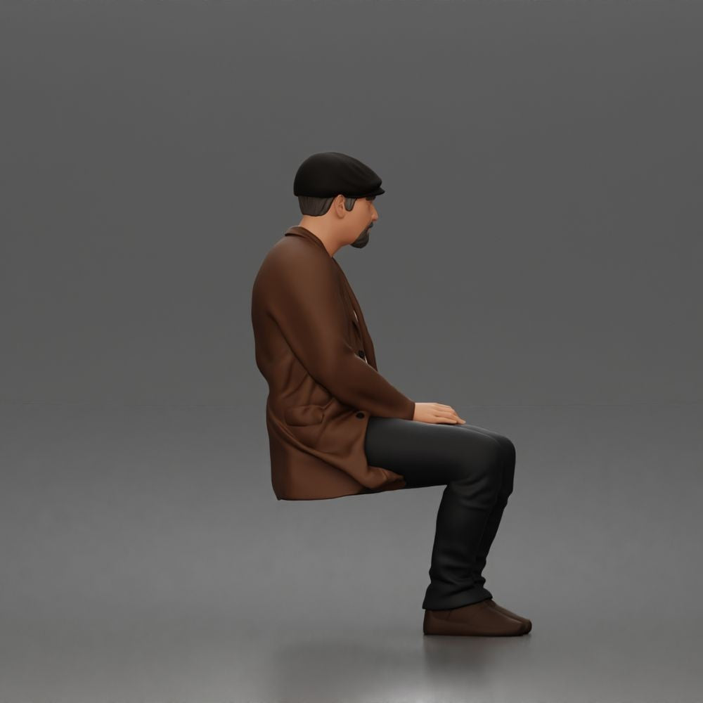 Diorama Modellbau Produktfoto 1: Sitzende Figur: Älterer Mann mit Mütze & Jacke (a210)