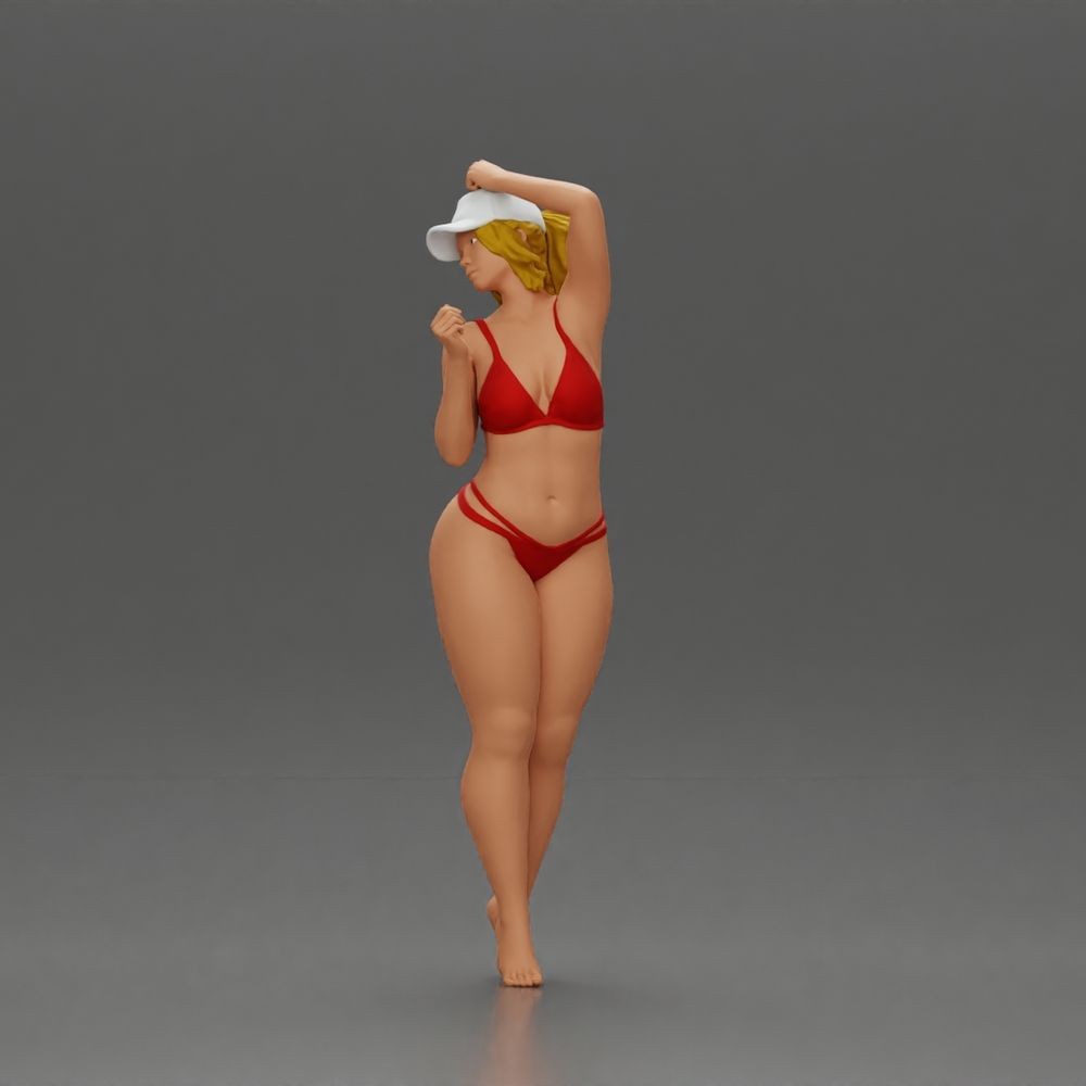 Diorama Modellbau Produktfoto 2: Stehende Figur: Frau im Bikini mit Kappe und erhobenem Arm (a160)