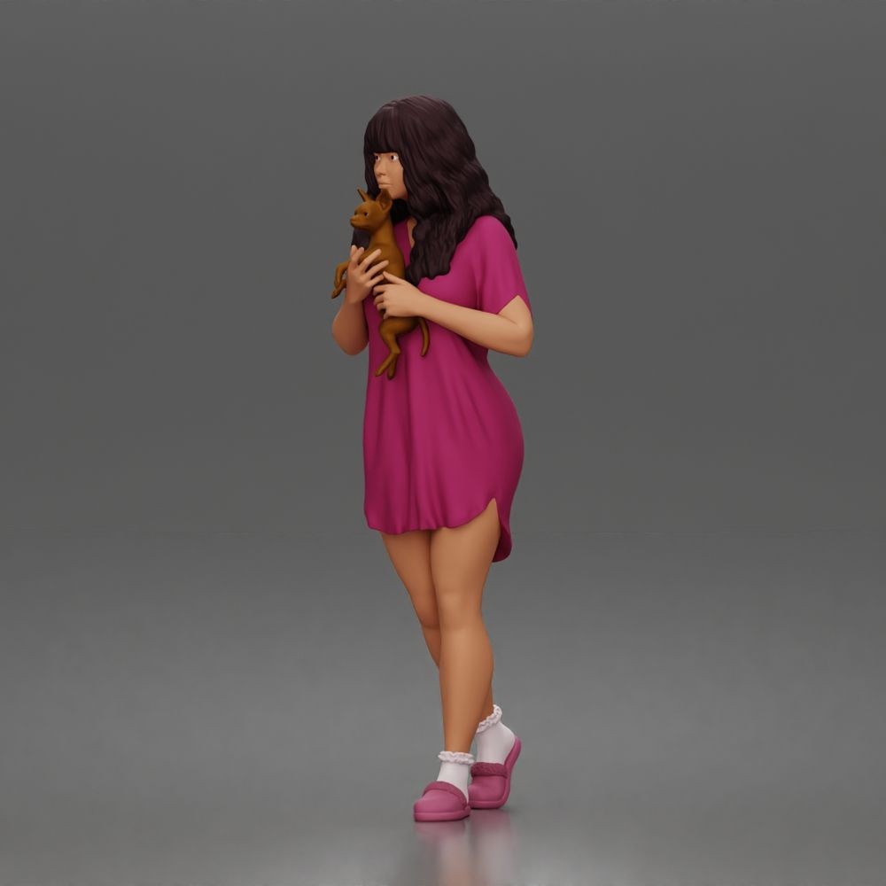 Diorama Modellbau Produktfoto 1: Stehende Figur: Frau im Nachthemd mit kleinem Hund auf dem Arm (a183)