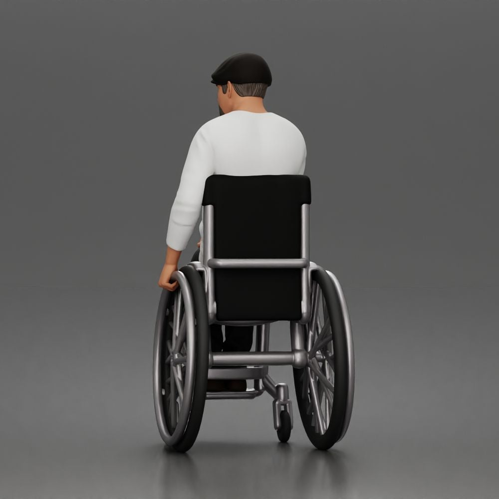 Diorama Modellbau Produktfoto 2: Sitzende Figur: Älterer Mann im Rollstuhl mit Freizeitkleidung (a202)