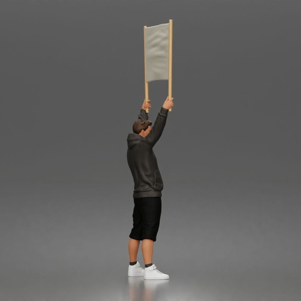 Diorama Modellbau Produktfoto 2: Stehende Figur: Demonstrant mit leerem Banner, Kapuzenpullover & Shorts (a178)