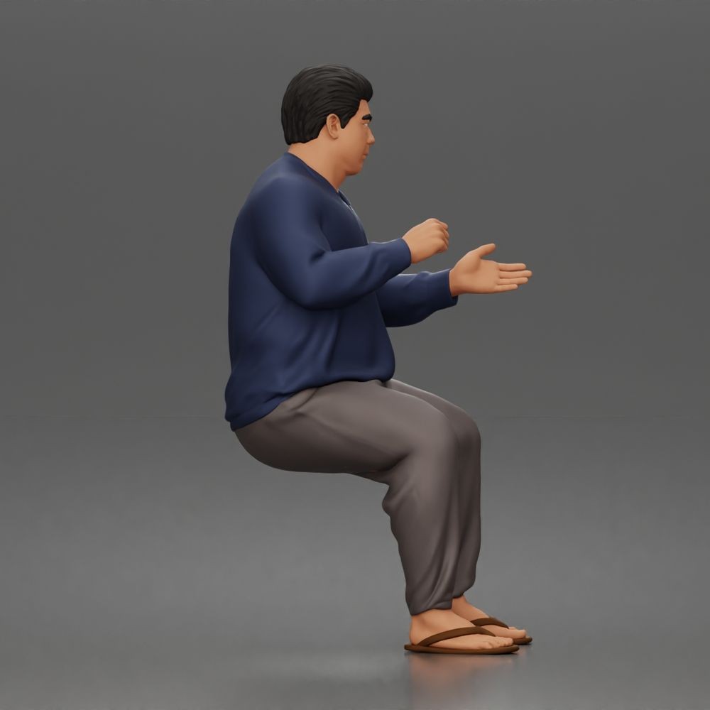 Photo produit de modélisme pour diorama 3 : figurine assise : homme gesticulant avec pull, pantalon et tongs (a165)