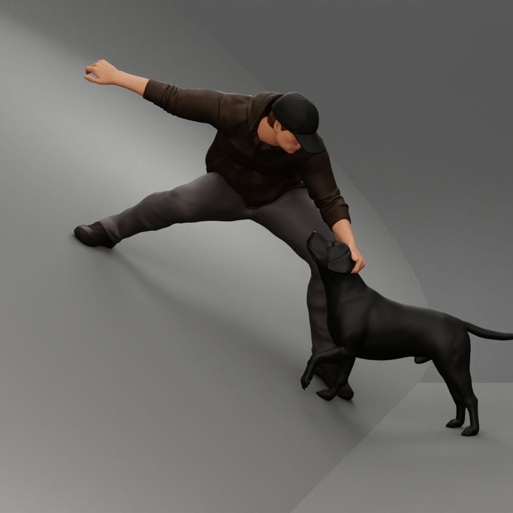 Diorama Modellbau Produktfoto 2: Diorama Figur: Springender Mann mit Kapuzenpullover rettet Hund (a200)
