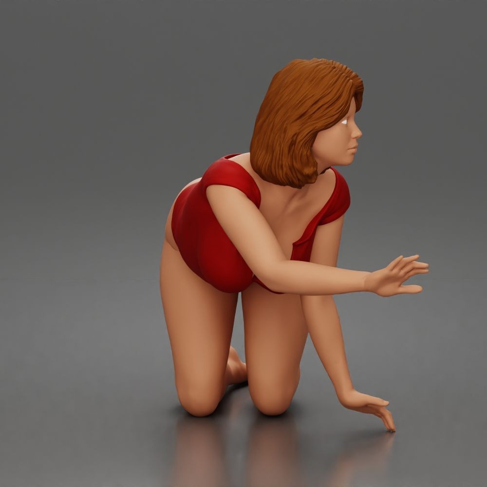 Photo produit de modélisme pour diorama 2 : figurine agenouillée : femme en bodysuit, buste penché vers l’avant et main au sol (a175)