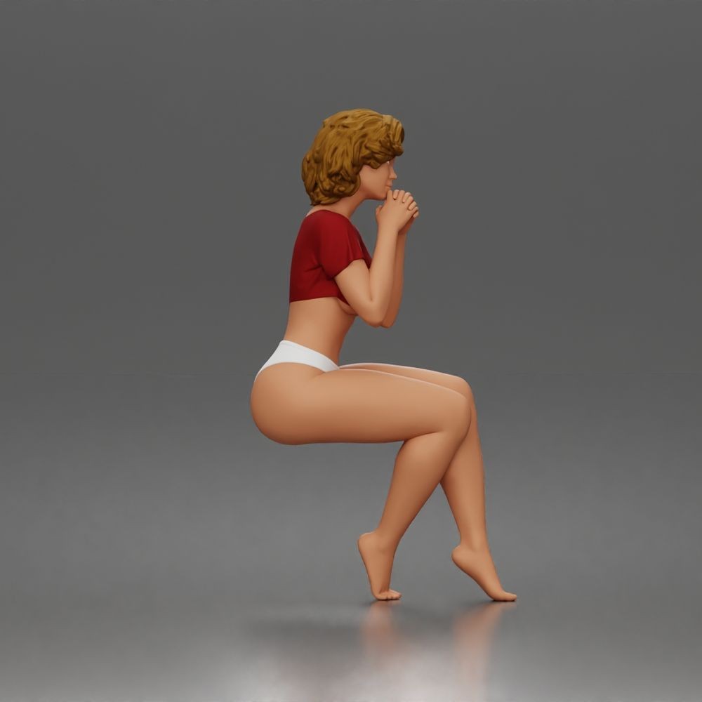 Diorama Modellbau Produktfoto 2: Sitzende Figur: Frau im Crop-Top mit gefalteten Händen am Kinn (a195)