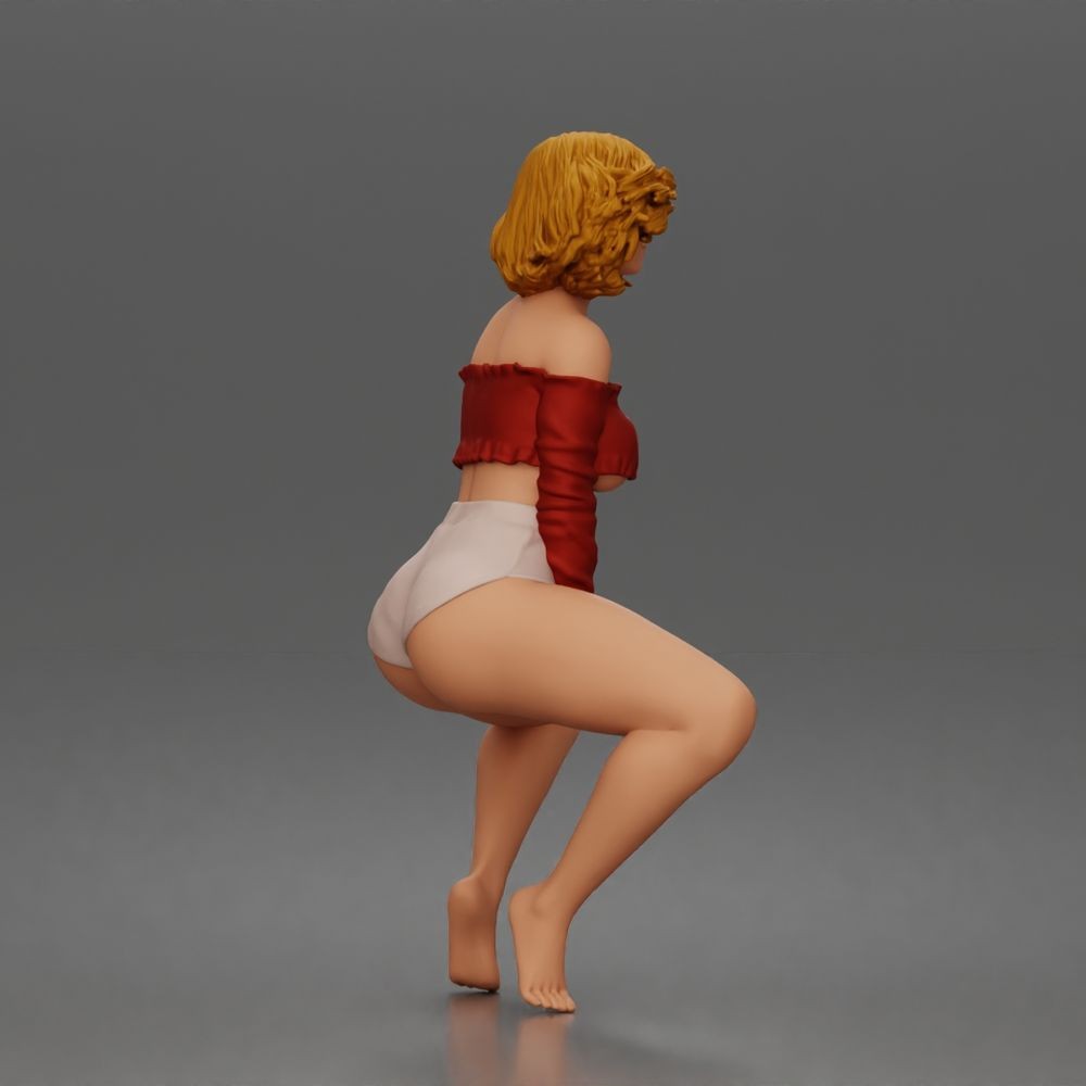 Diorama Modellbau Produktfoto 2: Hockende Figur: Tänzerin mit schulterfreiem Crop-Top & Shorts (a185)