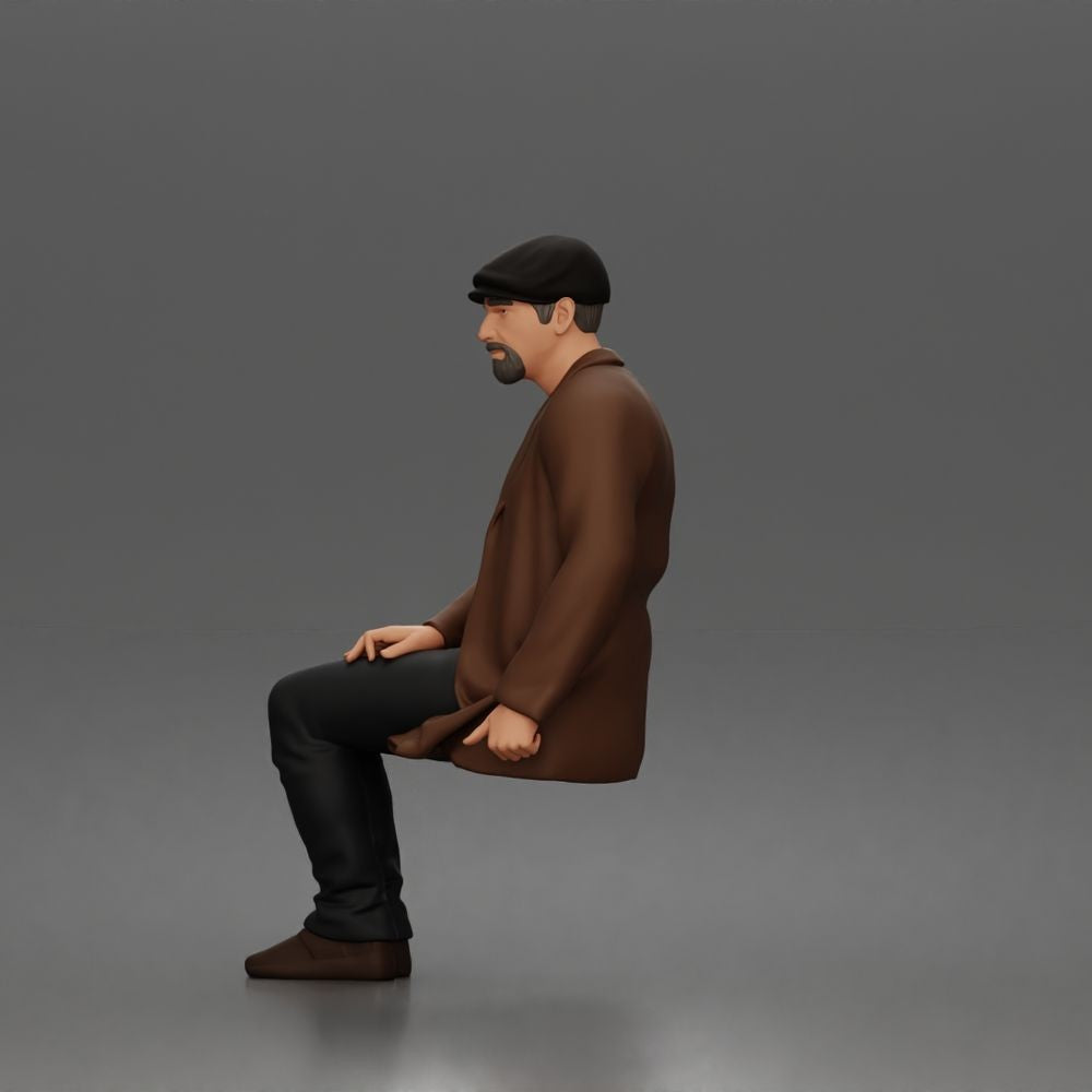 Diorama Modellbau Produktfoto 2: Sitzende Figur: Älterer Mann mit Mütze & Jacke (a210)