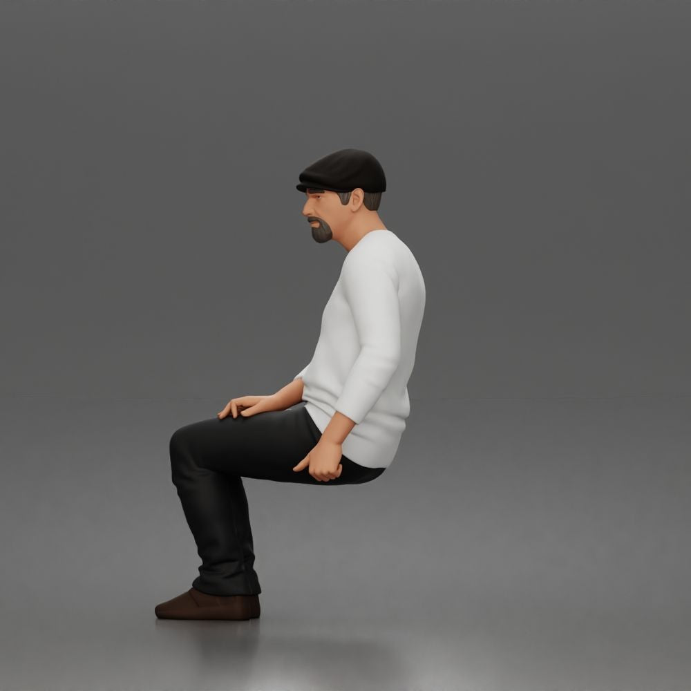 Diorama Modellbau Produktfoto 3: Sitzende Figur: Älterer Mann mit Mütze und Freizeitkleidung (a203)