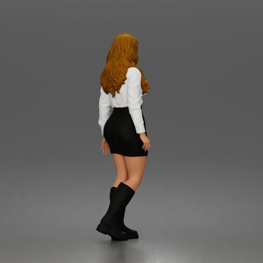 Diorama Modellbau Produktfoto 3: Stehende Figur: Frau mit Hemdbluse, Minirock & kniehohen Stiefeln (a197)