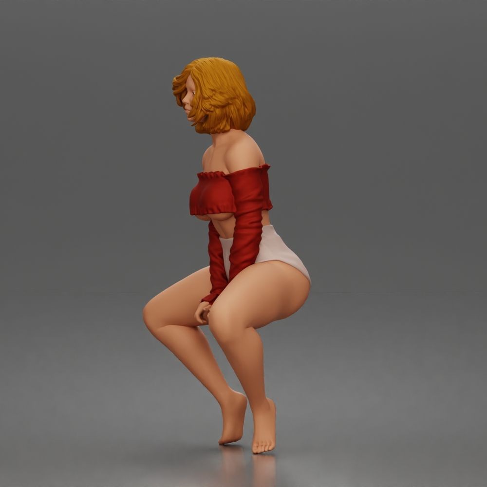 Diorama Modellbau Produktfoto 3: Hockende Figur: Tänzerin mit schulterfreiem Crop-Top & Shorts (a185)