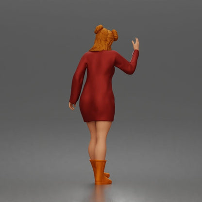 Photo produit de modélisme pour diorama 3 : figurine debout : femme faisant signe à un taxi, portant une robe à manches longues et des bottes (a204)