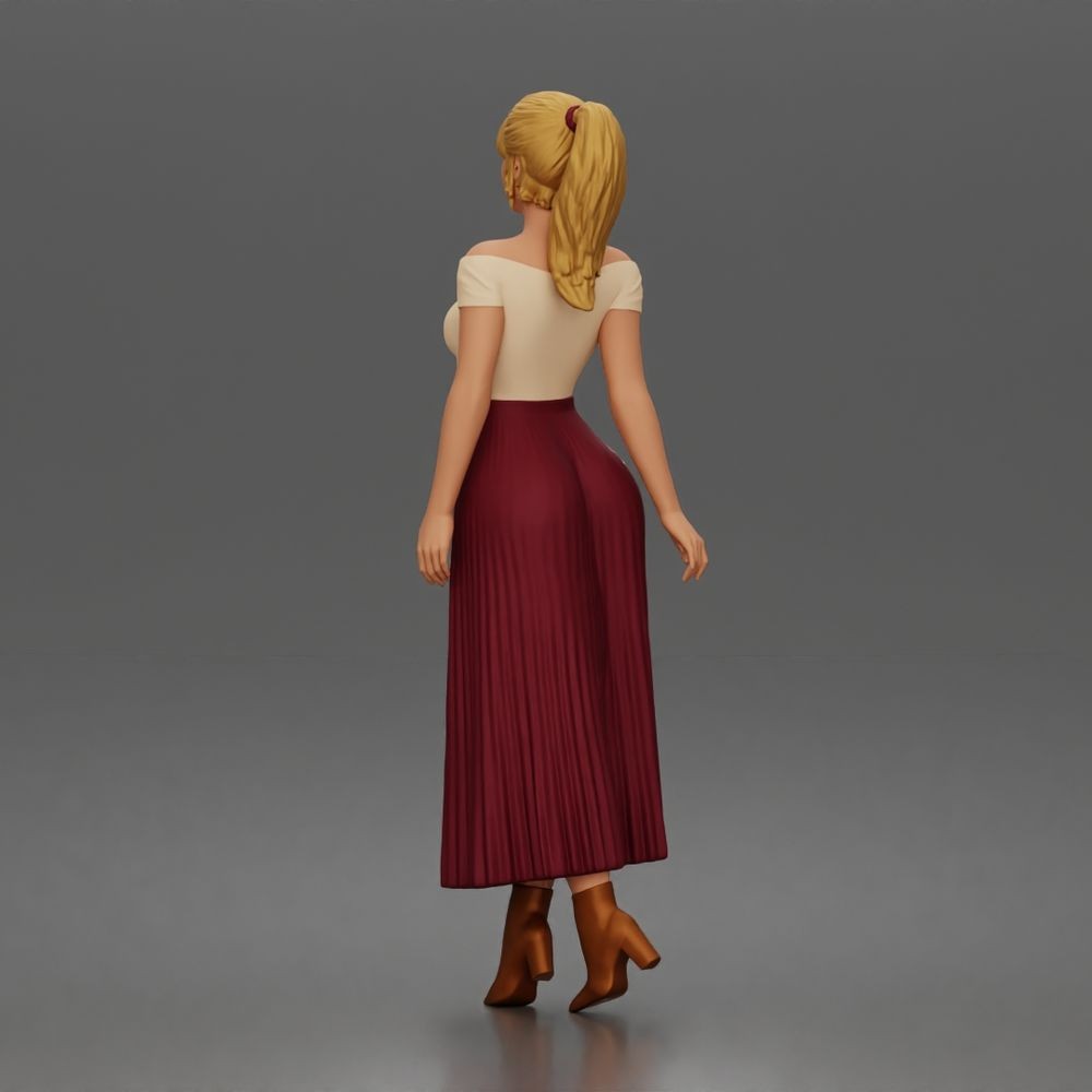 Photo produit de modélisme pour diorama 3 : figurine debout : femme avec haut à épaules dénudées et longue jupe plissée (a181)