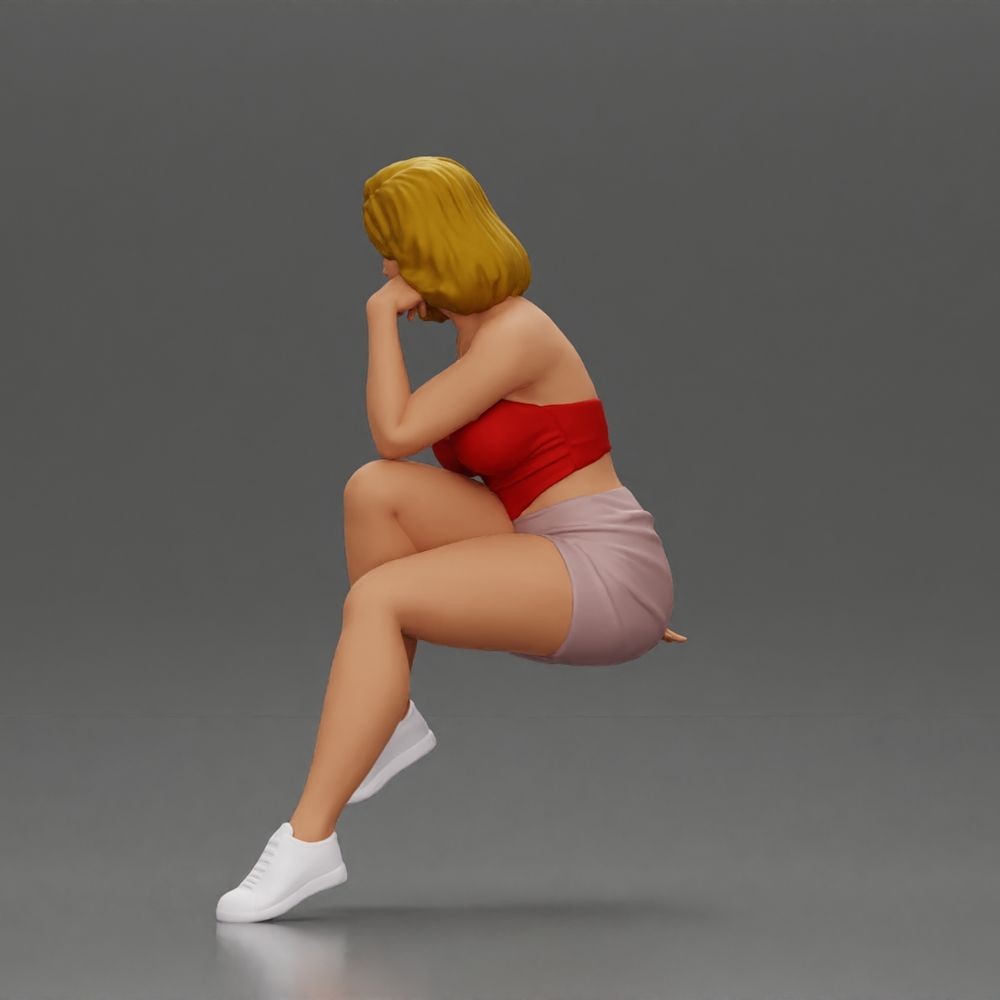 Diorama Modellbau Produktfoto 3: Sitzende Figur: Frau mit gekreuzten Beinen & aufgestütztem Kopf (a156)