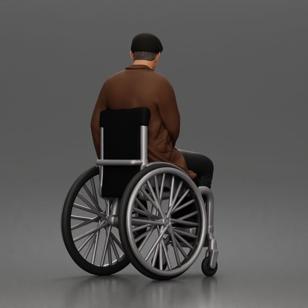 Diorama Modellbau Produktfoto 4: Sitzende Figur: Älterer Mann im Rollstuhl mit Mantel (a209)