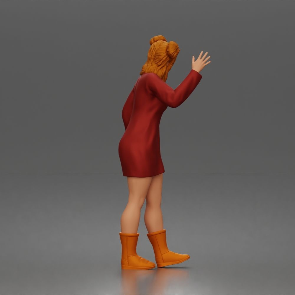 Diorama Modellbau Produktfoto 4: Stehende Figur: Winkende Frau ruft Taxi mit langärmeligem Kleid & Stiefeln (a204)