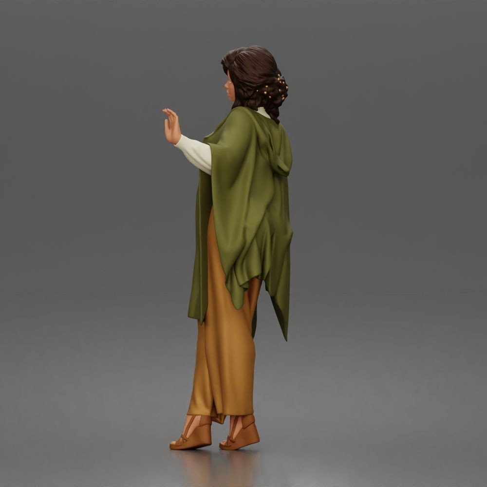 Diorama Modellbau Produktfoto 4: Stehende Figur: Frau mit erhobener Hand, fließendem Cape & Plateauschuhen (a174)